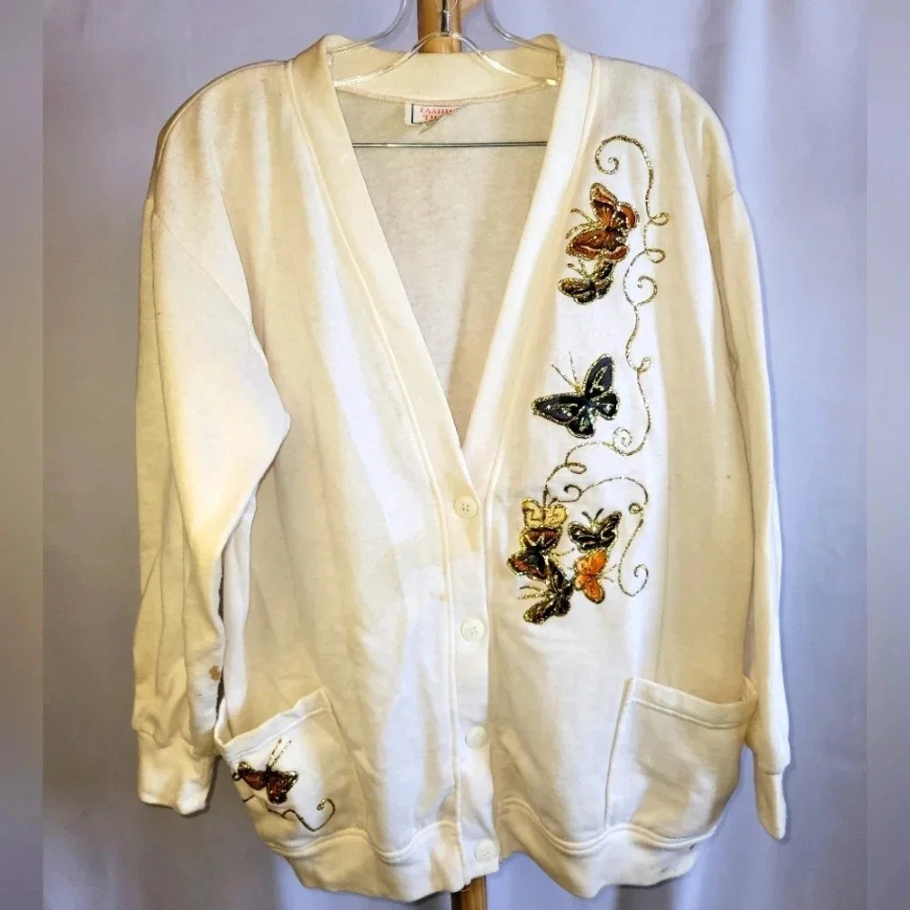 Vintage White Sweater with Glitter Butterflies Pockets Medium